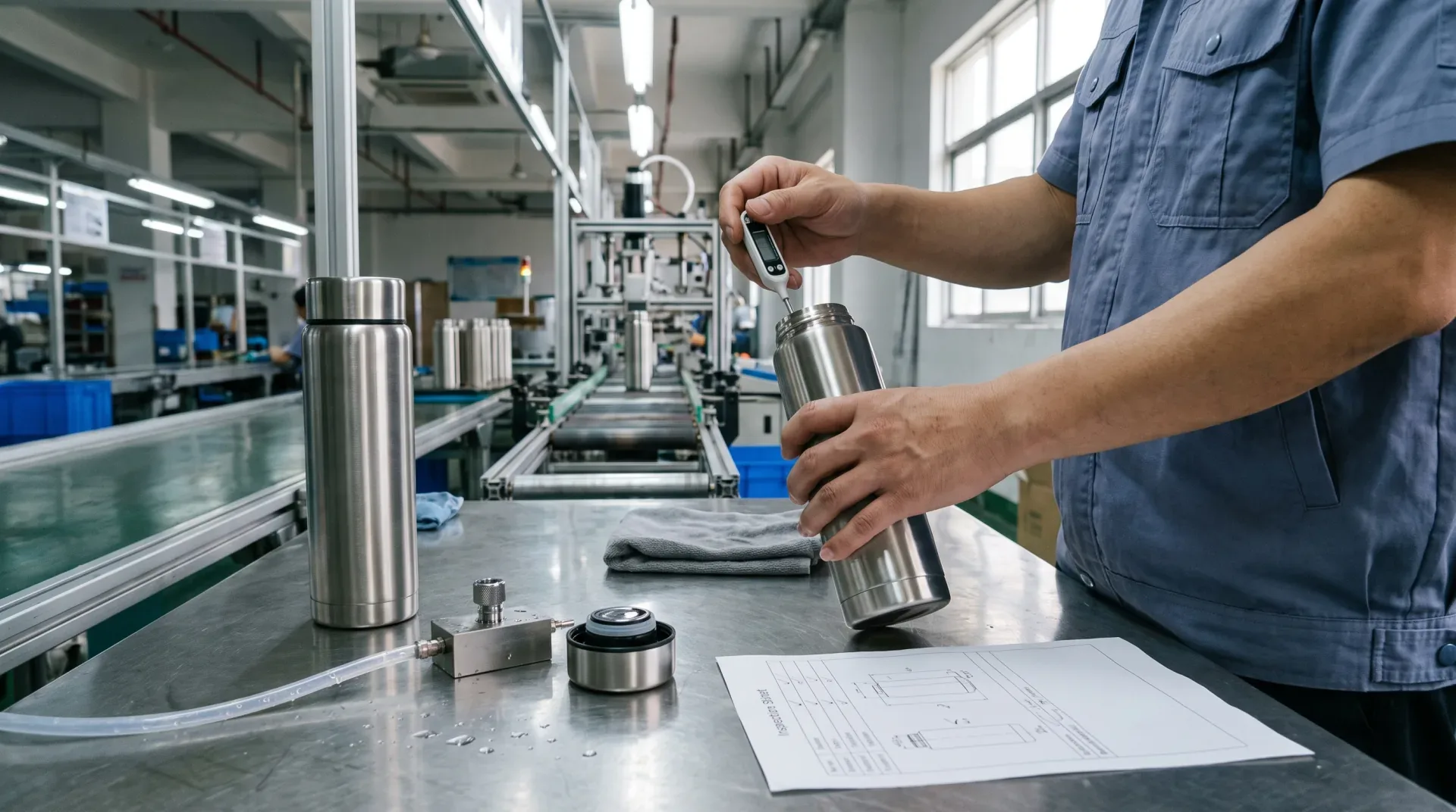 A drinkware quality engineer checks an unbranded stainless steel vacuum bottle with a digital probe thermometer.
